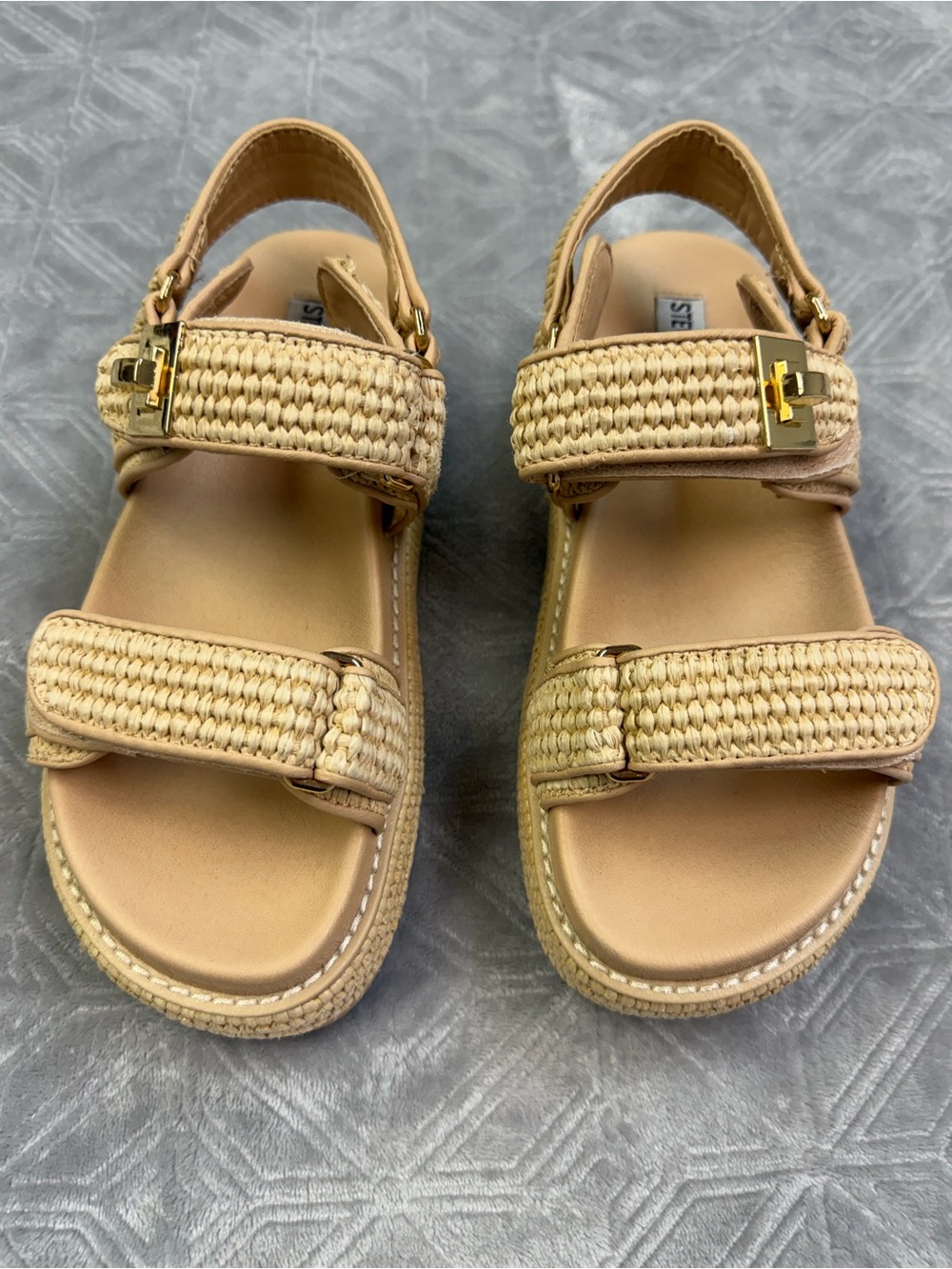 Steve Madden Tan Woven Strap Sandals with Gold Accents